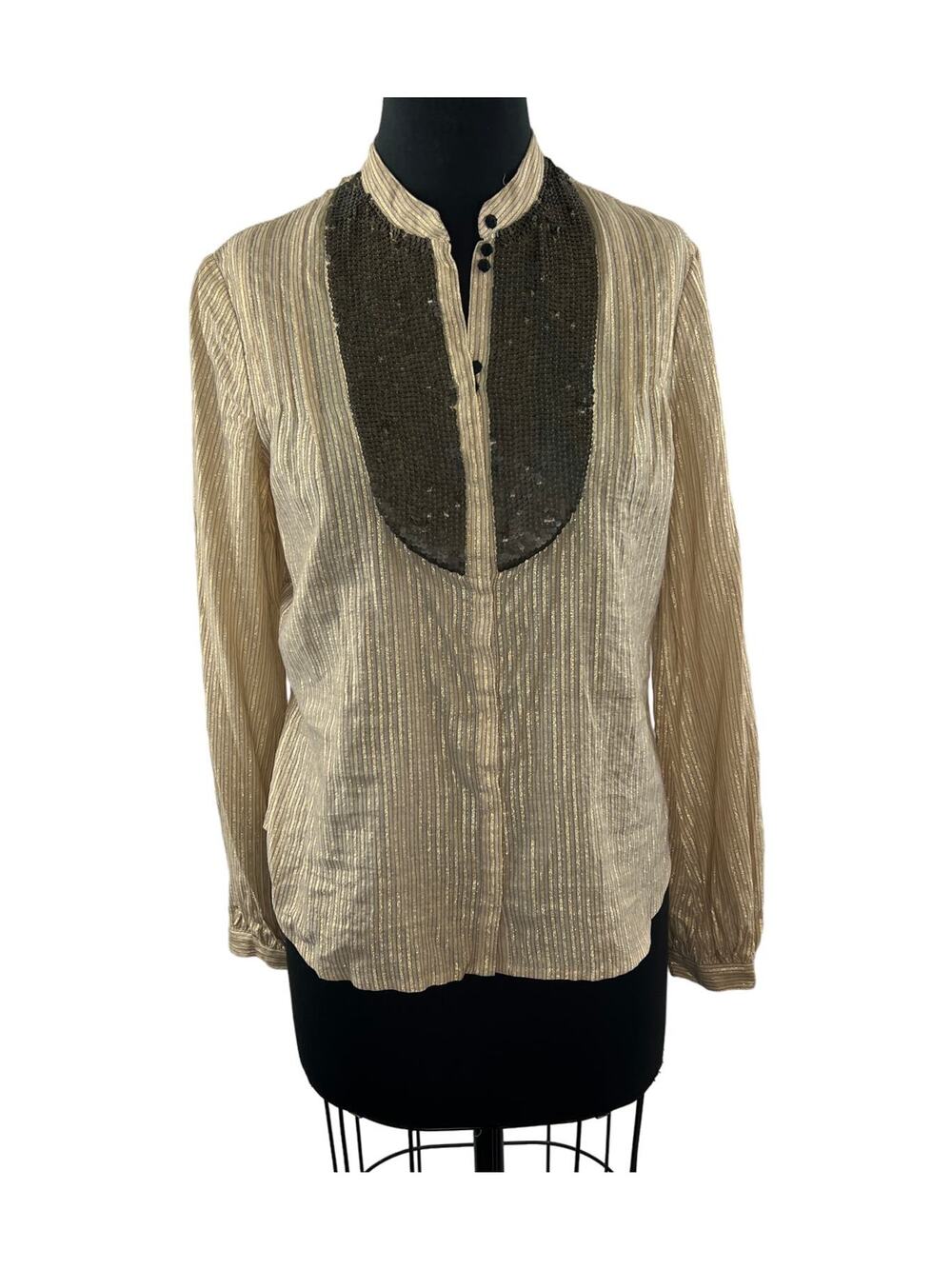Phillip Lim 3.1 Gold Blouse Metallic Striped Sequin Bib Button Front Tie Size 6
